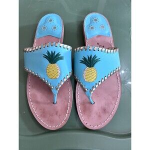 Jack Rogers Turquoise Pineapple Motif Sandals Size 9 Preppy Classic Leather